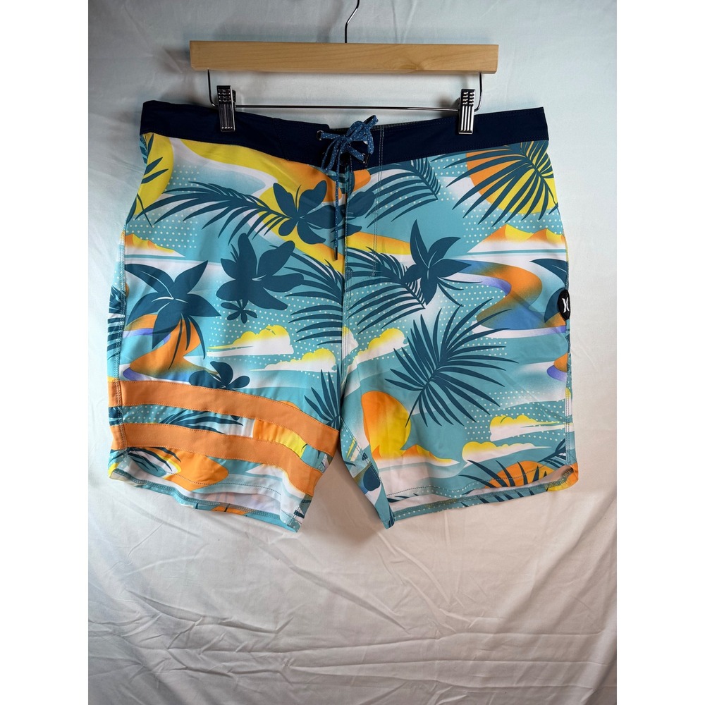 Hurley Mens Tropical Palm Tree Print Board Shorts Blue Swim Trunks Size 36 beach